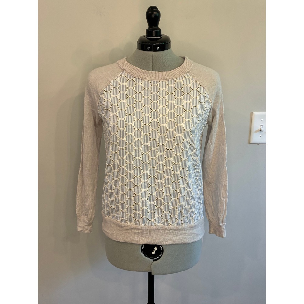 J.Crew Merino Wool Eyelet Mixed Media Sweater Beige Blue Striped A4357 XS